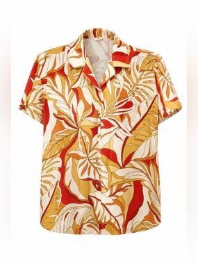 Go Barefoot Woman’s Tropical Leaf Print Shirt in Cream, Mustard & Red. Sz M